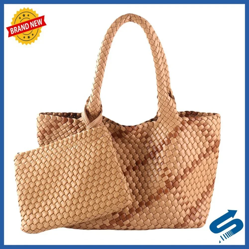 Woven Vegan Leather Tote Bag with Detachable Clutch Elegant Boho Chic
